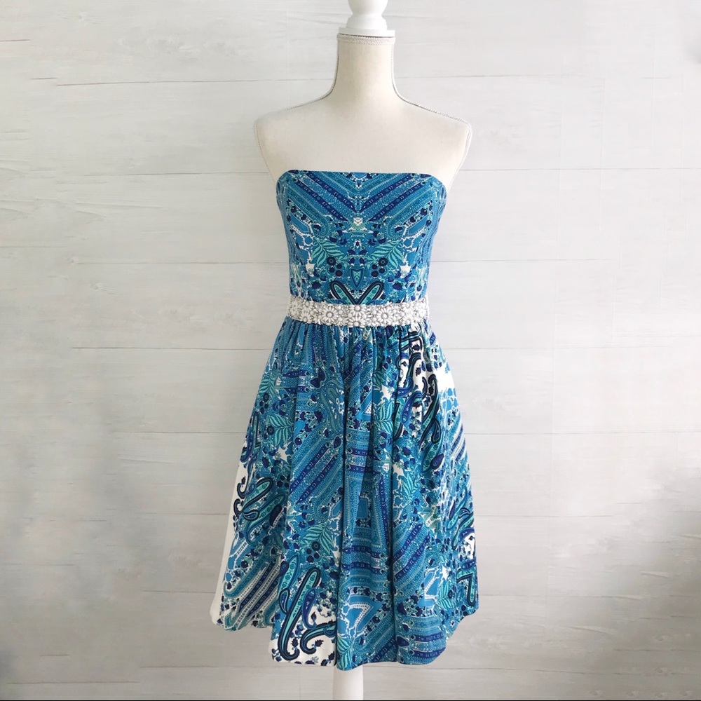 {Badgley Mischka} Blue paisley strapless dress, 4